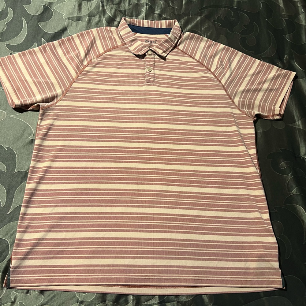 RHONE Men's Striped Polo Shirt- Tan Navy Maroon Brick Red Size XL